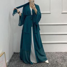 Ethnic Clothing Chiffon Treble Abayas For Women Dubai Turkey Muslim Fashion Islamic Modest Clothes Open Front Kimono Duster Coat Solid Colour