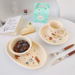 Plates Ceramic Dessert Plate Cartoon Animal Cup Breakfast Bread Salad Oval Platter Fruit Oatmeal Bowl Snack Dish Cake Tray