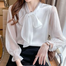 Women's Blouses French Black White Long Sleeve Shirt Blusas Bow Female V-Neck Chiffon Tops Mujer Elegantes Fashion Clothing Women 1588