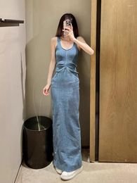 Casual Dresses 2023 Autumn Slit Waist Slim Dress Sexy Denim Halter Maxi Women