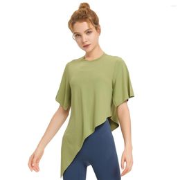 Active Shirts Casual Blouses Women Round Neck Asymmetrical Hem Polyester Loose Yoga Gym Dance Running Workout Fitness Short-Sleeve T-Shirts