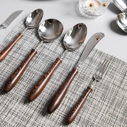 Dinnerware Sets European Style Set Wooden Handle Fork Knife Cutlery Stainless Steel Juegos De Vajilla Home Decor BC50CJ