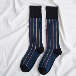 Women Socks Women's Fashion Vertical Striped Pure Green Blue Bling Mid Calf Female Autumn Thin Trend Cotton Casual High Sock Woman