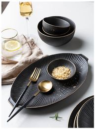 Plates Phnom Penh Household Kitchen Tableware European Creative Steak Plate Black Ceramic Dishes Spoon Bowl Dish Flatware Set