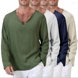 Men's T Shirts Autumn SpringV Neck Mens Full Sleeves Linen Cotton Long Sleeve T-Shirt Men Gothic Hippie Clothing Loose Male Shirt