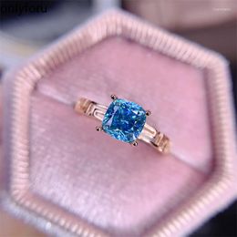 Cluster Rings Elegant Silver Ring Sterling LAB Blue Moissanite Square Cut Women Lady Wedding Engagment Party Gift Box