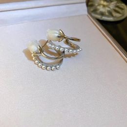 Hoop Earrings 2023 Arrival Stud Fashion Metal Women Tulip Flower C-shaped Double-layer Ins Korean Elegant Pearl Jewelry