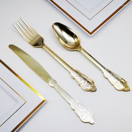 Dinnerware Sets Steak Retro Gold Plated Disposable Knife Fork Spoon Plastic Tableware Western Three Piece Set Grade Thickened