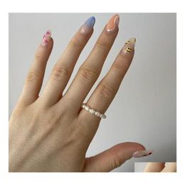Wedding Rings Minimalist Mti Bead Freshwater Pearl Geometric Women Finger Jewellery Fashion Adjustable Elastic Ring One Size Drop Deliv Dh6Ol