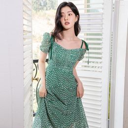 Casual Dresses Summer Knee Length Women Sling Dress Green Floral Print High Waist Chiffon Short Sleeve Slim Fit Female A Line