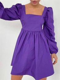 Casual Dresses Women Sexy Open Back Square Collar Chic Dress Female Lantern Sleeve Solid Short Purple Lace-Up Spring