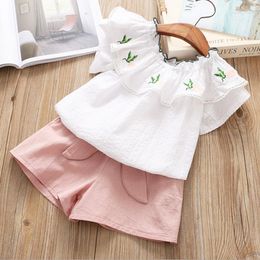 Clothing Sets 2 3 4 5 6 7 8 Year Toddler Girls Clothes Pineapple Embroidery White Tops Bow Shorts Kids Suits Summer Baby Children Set