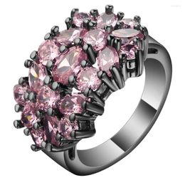 Wedding Rings UFOORO Beautiful Pink Crystal Flower Female Antique Silver Color Unique CZ Engagement Black Ring For Women RB0843F