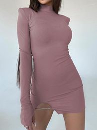 Casual Dresses OMSJ Elegant Autumn Winter Solid Clothing Ladies Party Club Long Sleeve Bodycon Half High Neck Padded Shoulder Split Short
