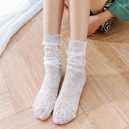 Women Socks Retro Sexy Lace Floral Mesh Black Transparent Short Cotton Sock For Ladies Elastic Cute Female