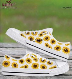 Dress Shoes Casual Flat Ladies Shoes Woman Yellow Floral Brand Design Sunflower Print Classic White Vulcanize Canvas Female Shoe 0120V23