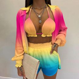 Women's Tracksuits Women's Summer Beach Fashionable Long Sleeve Shirt Pocket Shorts Frilly 3-Piece Bra Tops Printed Temperament Casual
