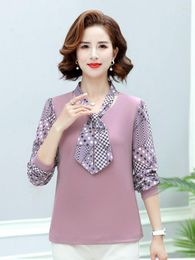 Women's Blouses Women Chic Tie Neck Light Green Purple Dot Polka Print Chiffon Sleeve Patchwork Design Silk Scarf Collar Top 2023