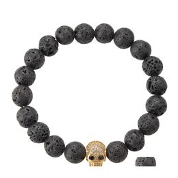 Beaded Strands Top Quality Lava Rock Beaded Chain Bracelet Black Natural Energy Stone With Gold Skl Skeleton Charm Bangle For Women Otmug