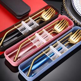 Dinnerware Sets 5 Pcs /set Portable Travel Tableware Set Stainless Steel With Box Kitchen Fork Spoon Dinner School Cutlery