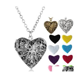 Pendant Necklaces Heart Shaped Essential Oil Diffuser Vintage Hollow Floating Aromatherapy Locket Long Chain For Women Fashion Jewel Otqvz