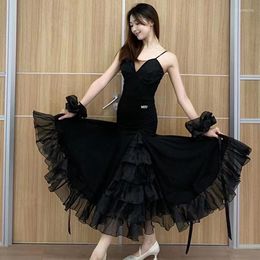 Stage Wear Ballroom Dance Dress Women Modern Clothes Black Long Cake Mesh Skirt Waltz Performance Costume Practice BL8626