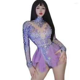 Stage Wear Women Sexy Pink Red Rhinestone Party Bodysuit Elastic Mesh Ruffles Crystal Nightclub Djds Dancer Leotard