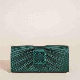 Evening Bags Green Pleated Clutches Bag For Women Rhinestone Hasp Phone Purse Flap Handbag Elegant Ladies Cocktail Party Show