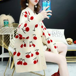 Women's Knits & Tees Net Red Sweater Knitted Cardigan Women Autumn And Winter Thick Loose Roving Cherry Embroidery CoatWomen's