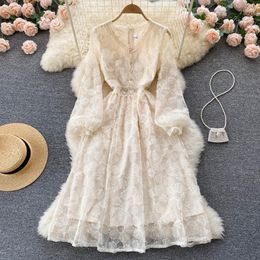 Casual Dresses 2023 Spring Elegant V-neck Lace Sequin Dress Gentle Feminine Waist ThinOver-the-Knee Long-Sleeve Short Skirt Women's