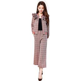 Women's Two Piece Pants Fashion Suit Autumn 2023 Female Flower Collar Jacket Long Sleeve Plaid Nine Points Wide Leg Retro Two-piece SuitWome