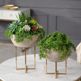 Vases Luxury Resin Semicircular Flower Pot Art Vase Tabletop Plant Dried With Gold Metal Shelf Home Office Decorative