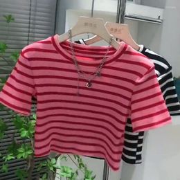 Women's T Shirts Striped Fashion Pink Short-Sleeved T-shirt Women Sexy Crop Tops 2023 Spring Summer Slim-Fit Tshirt Ladies Basic Tees Kawaii