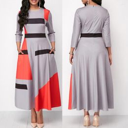 Party Dresses Plus Size Fashion Women Color Block Striped 3/4 Sleeve O-Neck Slim Maxi Dress