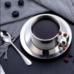 Cups Saucers Stainless Steel Double Layer Design Insulated Mug With Dish Spoon Coffee Cup Set