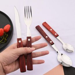 Dinnerware Sets 4Pcs Spoon Knife Fork With Red Wood Handle Mirror 304 Stainless Steel Set Tableware Wooden Cutlery Kitchen