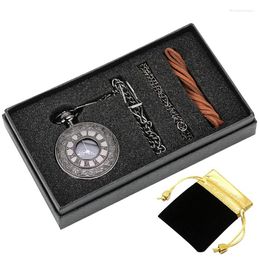 Pocket Watches 5pcs/set Vintage Black Unisex Roman Numerals Quartz Steampunk Watch Box Set Necklace Pendant Souvenir Gifts For Men Women