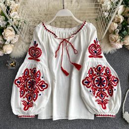 Women's Blouses Bohemian Embroidery Blouse For Women Round Neck Lantern Long Sleeve Loose Shirts Female Black/White/Blue Tops Boho Fashion