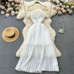 Casual Dresses Seaside Resort Style Sexy Bust High Waist Thin Pressure Pleated Pendulum Chiffon Halter Dress