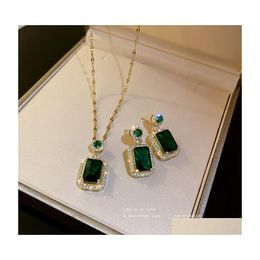 Pendant Necklaces Fashion Jewellery Choker Pedant Necklace S925 Siver Post Dangle Earrings For Women Green Crystal Rhinestone Geometri Dhzt2