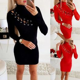 Casual Dresses ReeRee Polyester Bodycon Long Sleeve Turtleneck Short Women Spring/Autumn Dress