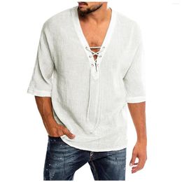 Men's Casual Shirts Renaissance Viking Mediaeval Cosplay Costume Men Shirt V Neck Lace Up Vintage Half Sleeve Linen Blouse Male Tops