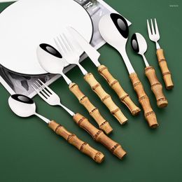 Dinnerware Sets Creative Natural Bamboo Set 304 Stainless Steel Cutlery Silver Knife Dessert Fork Spoon Tableware Luxury Flatware 1Pc