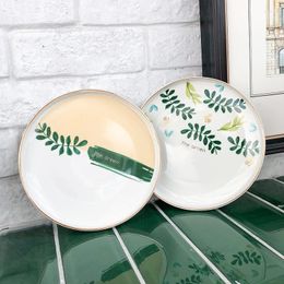 Plates Nordic Eucalyptus Leaf Dinner Ceramic Plate Decorative Salad Dessert Snack Porcelain Container Crockery White 8 Inch