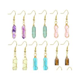 Arts And Crafts Natural Stone Handmade Wire Wrap Hexagonal Prism Dangle Earrings Turquoises Opal Pink Crystal For Women Jewellery Drop Dhxas