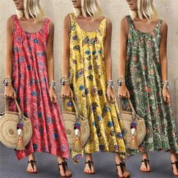 Ethnic Clothing 2023 Womens Casual Bohemian Geometric Print Long Dress Sleeveless Crew Neck Summer Beach Loose Plus Size Maxi Dresses