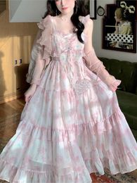 Casual Dresses Summer Pink Korean Strap Dress Women Bow Sweet Elegant Party Midi Female Print France Princess Fairy 2023