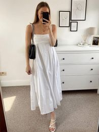 Casual Dresses Summer Women 2023 Empire Waist Cotton White Midi Dress Back Smocked Panel Sleeveless Spaghetti Strap Party DressCasual