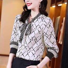 Women's Blouses Spring Autumn Women&#39;s Print Shirt Tops Elegant Fashion Bow Long Sleeve Loose Shirts Office Lady Real Silk Satin