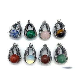 Charms Dragon Claw Natural Crystal Stones Round Tiger Eye Black Onyx Rose Quartz Stone Ball Charm Beads Pendants For Jewelry Making Dh78P